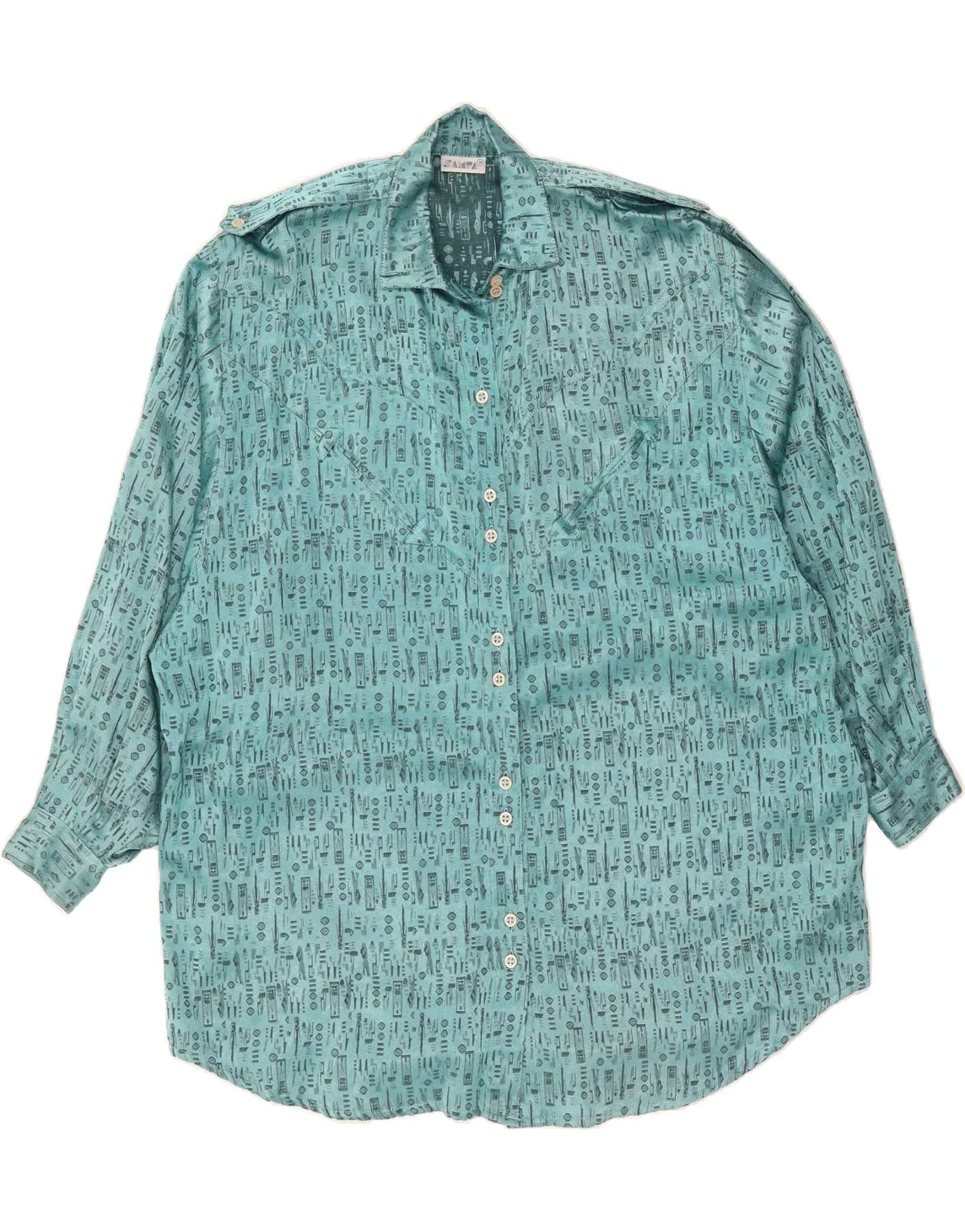 VINTAGE Womens Shirt UK 20 2XL Turquoise Geometric Cotton Smart Appearance