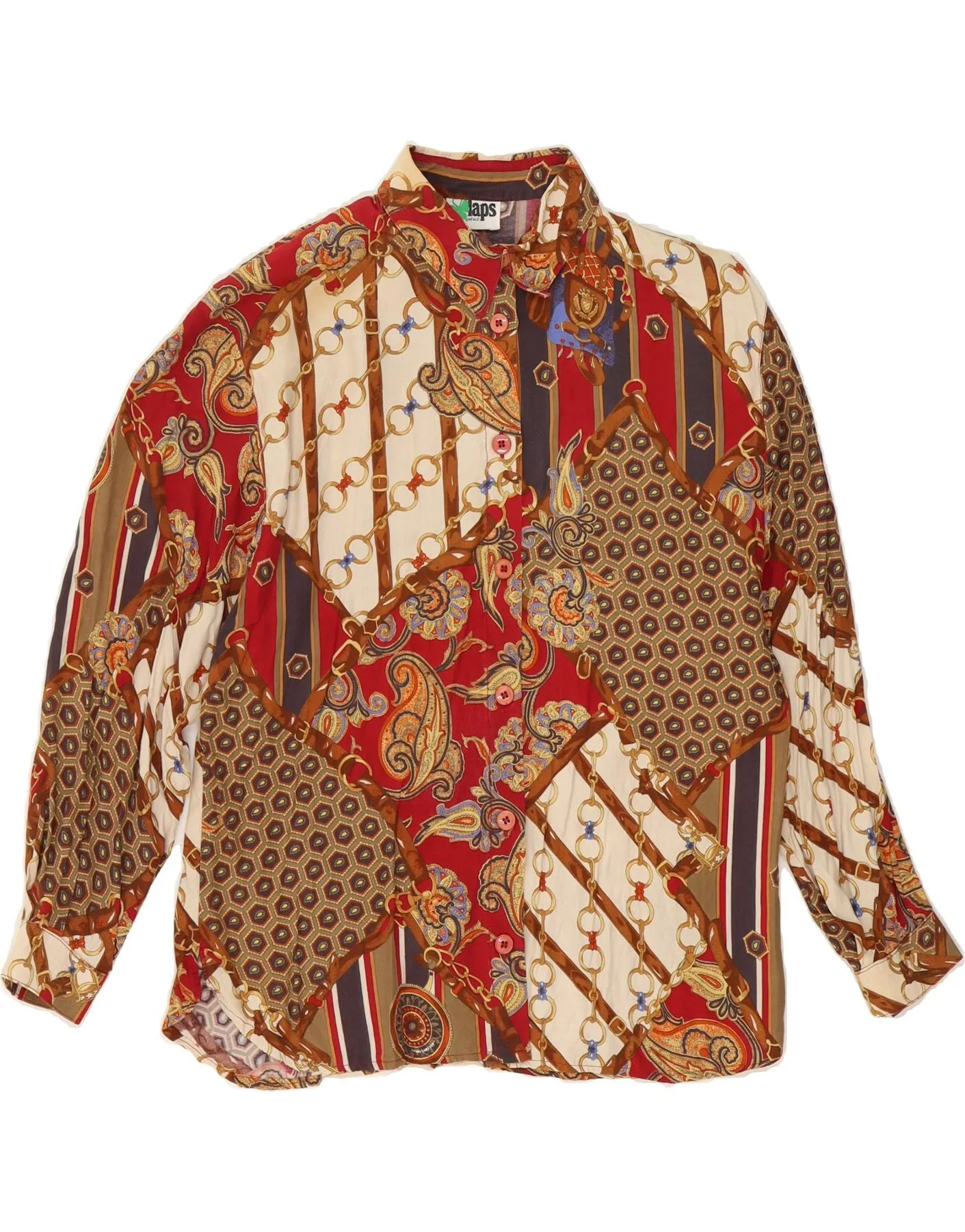 VINTAGE Womens Shirt Blouse UK 14 Medium Multicoloured Patchwork Viscose Neutral Tones