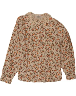 VINTAGE Womens Shirt Blouse UK 16 Large Beige Floral Viscose Weekend Casual Cuffed hem