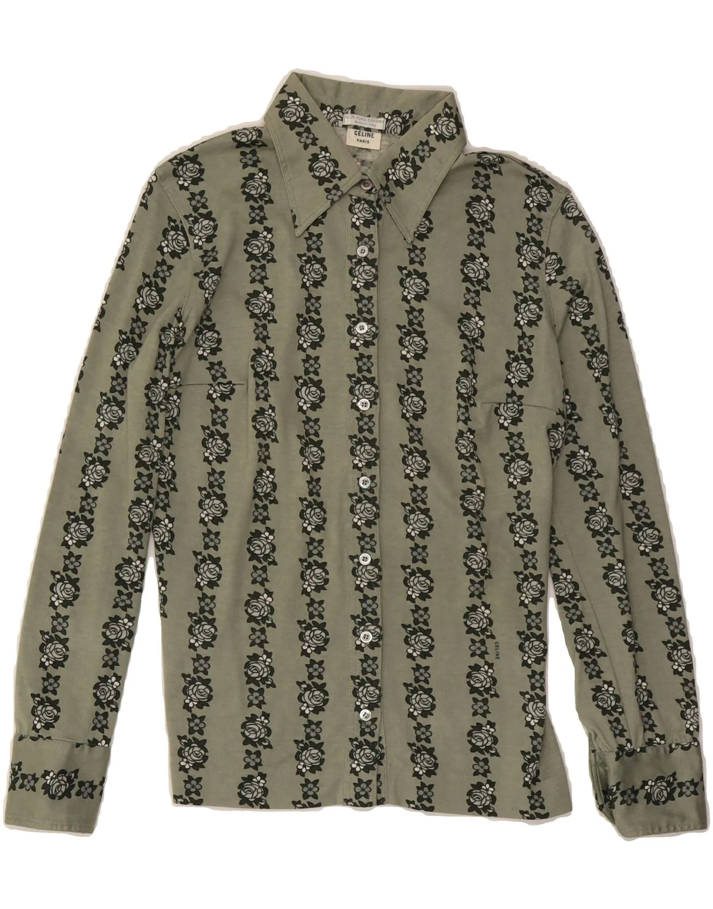 CELINE Womens Shirt IT 42 Medium Khaki Floral Cotton Designer Winter Fashion