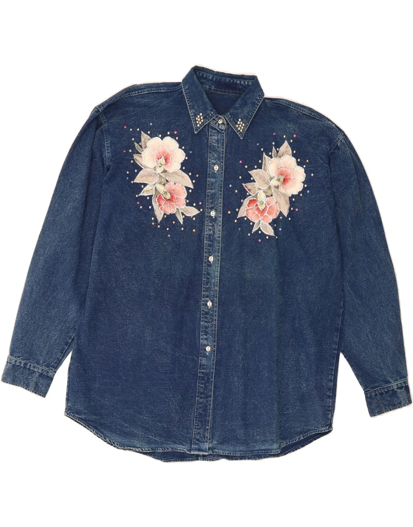 VINTAGE Womens Denim Shirt UK 20 2XL Navy Blue Floral vacation wear