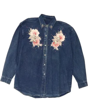 VINTAGE Womens Denim Shirt UK 20 2XL Navy Blue Floral vacation wear